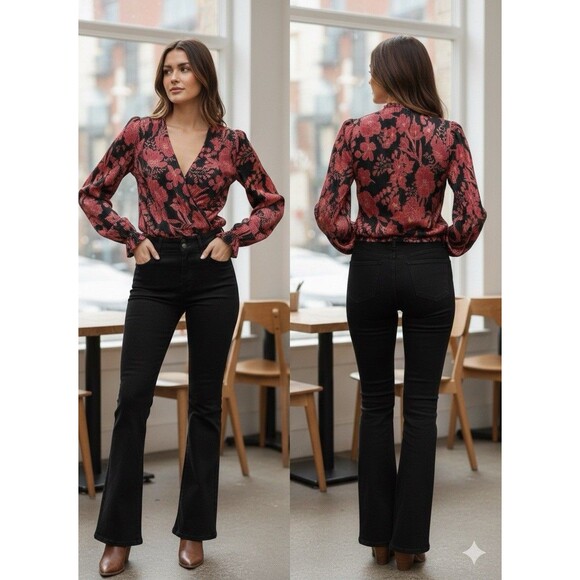 Lush Tops - NEW Lush Black Red Floral Pleated Blouse Surplice Neck Ruffled Long Sleeve S